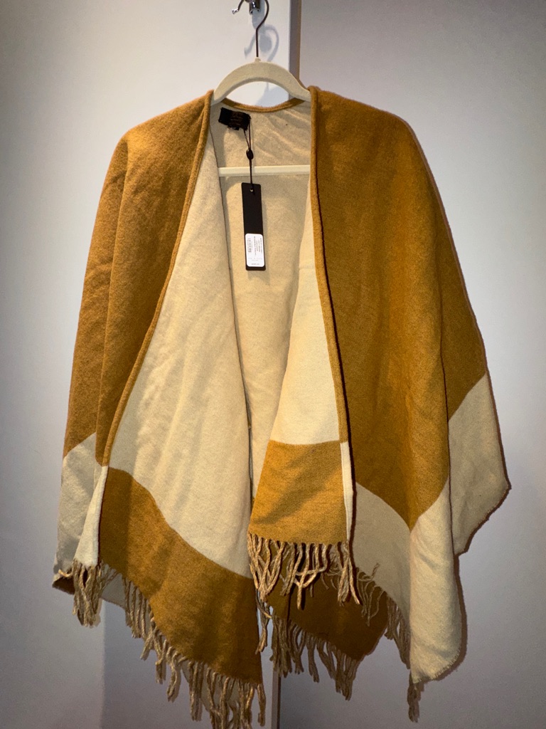 Mustard And Cream Colorblock Reversible Fringe Wrap